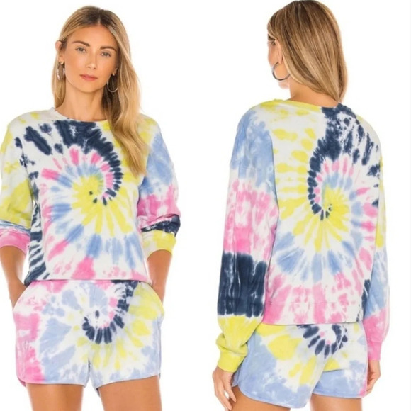 525 Women's Tie Dye Basic Crew Sweatshirt in Midnight Multi Yellow Pink large - Picture 1 of 4